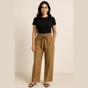 Aritzia Wilfred With Linen Wide Leg Belted Trouser Pants Camel Tan Women’s Sz 8